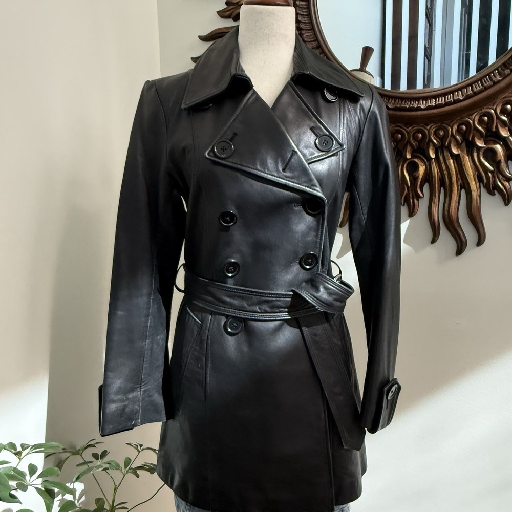 Mossimo Black Genuine Leather Trench Coat Womens Small Double Breasted Moto Emo